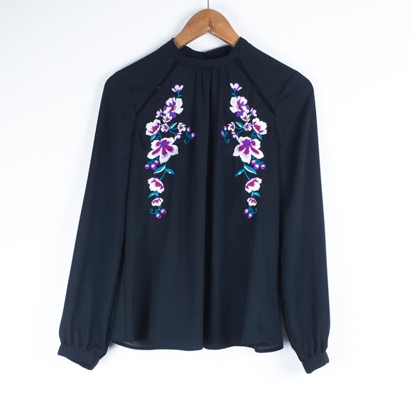 Express Tops - Express Floral Embroidered High Neck Black Blouse